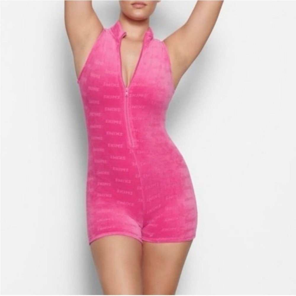 Skims Logo Hot Pink Velour Zip-Front Romper